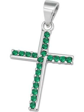 Emerald Sterling Silver Half Eternity CZ Paved Christian Cross Pendant